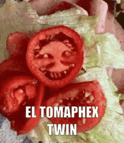 A Close Up Of Tomatoes And Lettuce With The Words El Tomaphex Twin Written On The Bottom GIF
