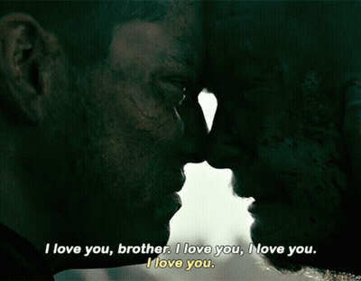 A Close Up Of Two Men Kissing With The Words " I Love You Brother I Love You I Love You " Below Them GIF