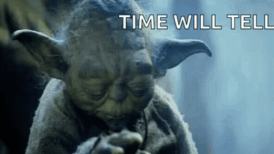 A Close Up Of Yoda Smoking A Cigarette With The Words `` Time Will Tell '' Behind Him . GIF
