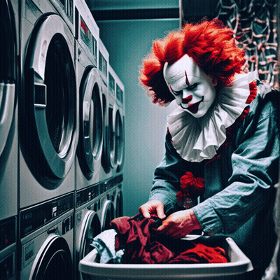 A Clown Is Doing Laundry In A Laundromat With A Row Of Washers GIF