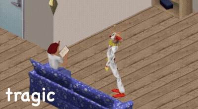A Clown Is Standing In Front Of A Person Reading A Book And The Word Tragic Is On The Bottom Right GIF