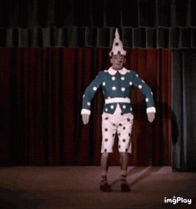 A Clown Is Wearing A Polka Dot Hat And A Blue And White Polka Dot Jacket . GIF