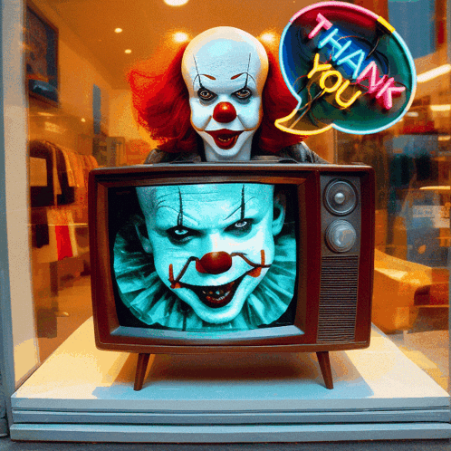 A Clown On A Television With A Thank You Sign GIF