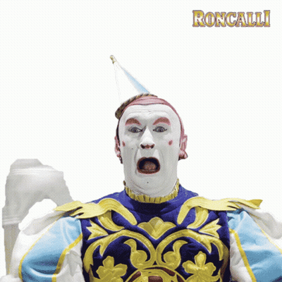 A Clown With A Surprised Look On His Face And The Word Roncalli Behind Him GIF