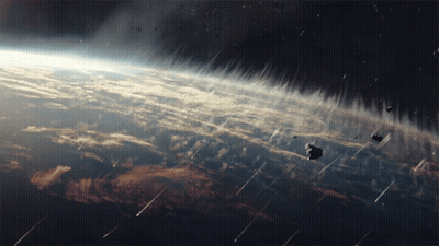 A Cluster Of Asteroids Are Falling From The Sky Over The Earth GIF