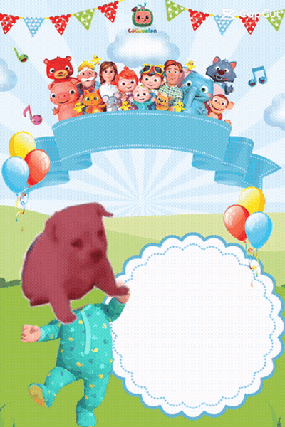 A Cocomelon Poster With A Baby And Balloons GIF