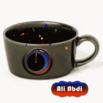 A Coffee Cup With A Clock On It And The Name Ali Abdi Below It GIF