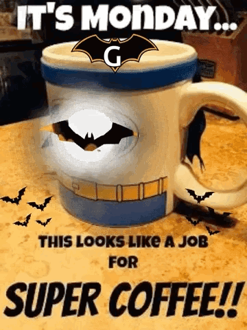 A Coffee Mug With A Batman Logo On It Is On A Table . GIF