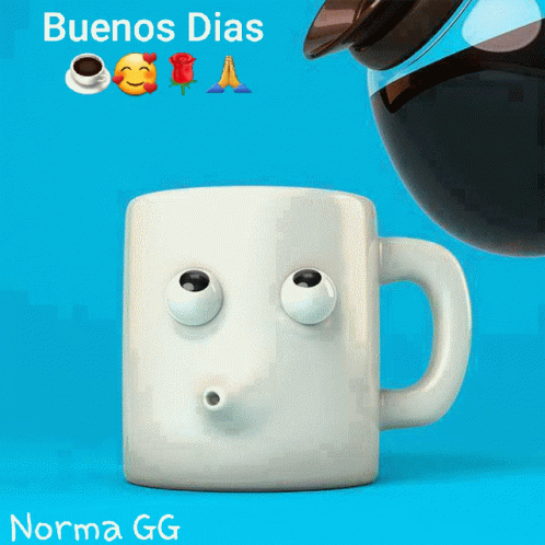 A Coffee Mug With A Face And The Words Buenos Dias GIF