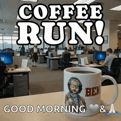 A Coffee Mug With Ben On It Sits On A Table GIF