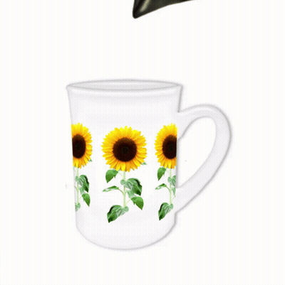A Coffee Mug With Sunflowers On It And The Words Coffee Coffee More Coffee Below It GIF