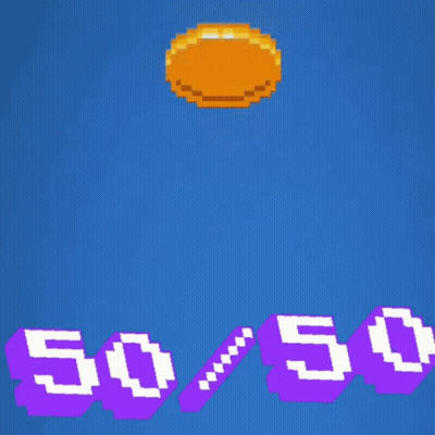 A Coin Is Being Thrown In The Air With The Numbers 50 And 50 Next To It GIF