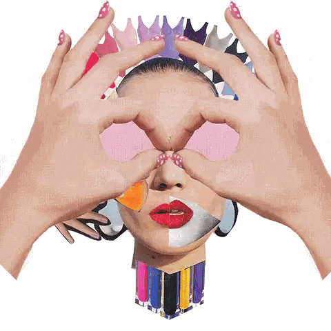 A Collage Of A Woman 'S Face With Her Hands Making A Heart Sticker