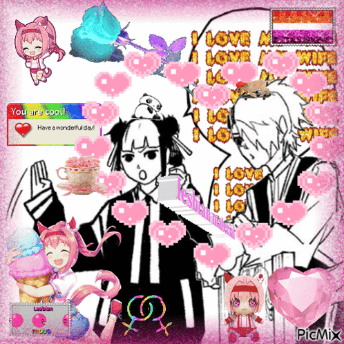 A Collage Of Anime Characters With Pink Hearts And The Words " You Are Cool " GIF