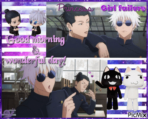 A Collage Of Anime Characters With The Words " Good Morning And Wonderful Day " GIF