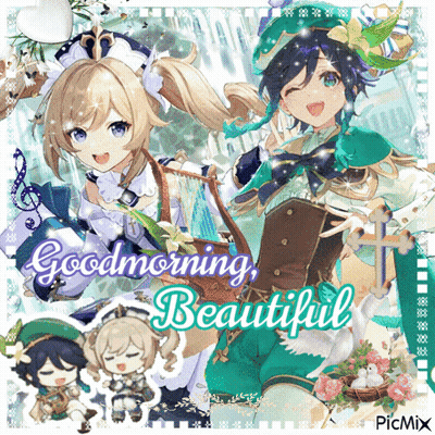 A Collage Of Anime Characters With The Words " Good Morning Beautiful " On The Bottom GIF
