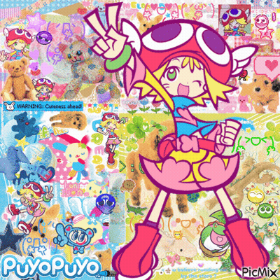 A Collage Of Cartoon Characters Including Puyo Puyo And Warning Cuteness Ahead GIF