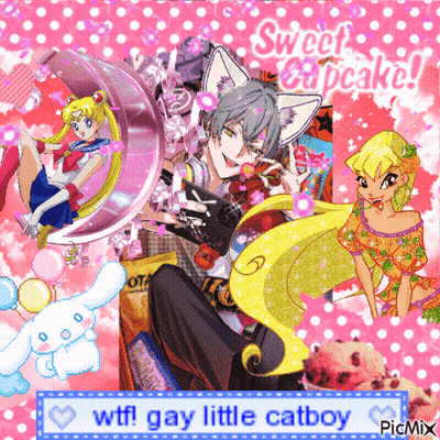 A Collage Of Cartoon Characters With The Words Wtf Gay Little Catboy GIF