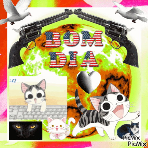A Collage Of Cats And Guns With The Words Bom Dia On Top GIF