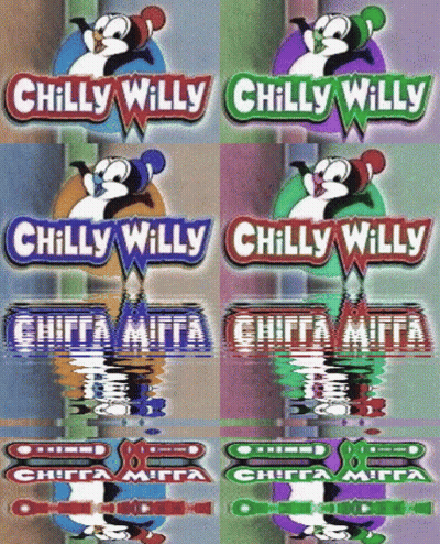 A Collage Of Chilly Willy Logos On A Purple Background GIF