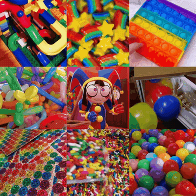 A Collage Of Colorful Toys Including Balloons Stickers And A Pop It GIF