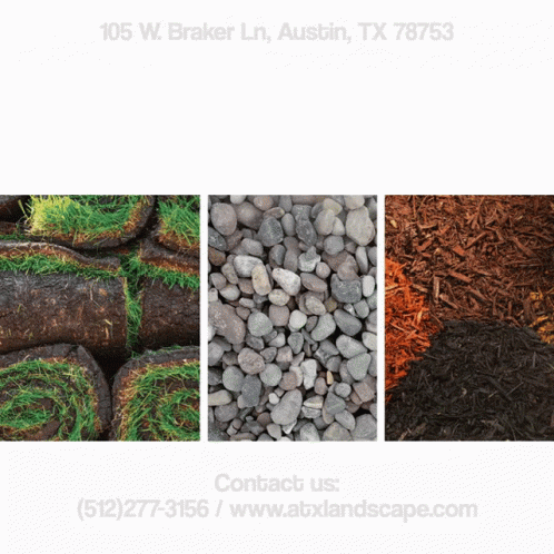A Collage Of Different Types Of Rocks And Mulch With The Address 105 W Braker Ln Austin Tx 78753 GIF