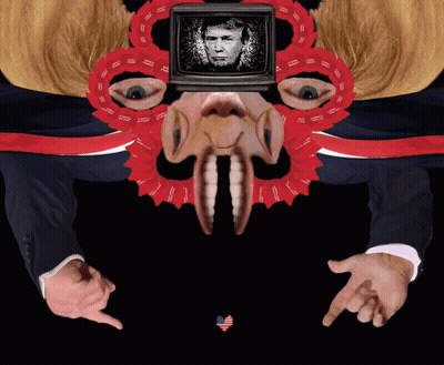 A Collage Of Donald Trump 'S Face With Red Ribbons Around His Eyes GIF