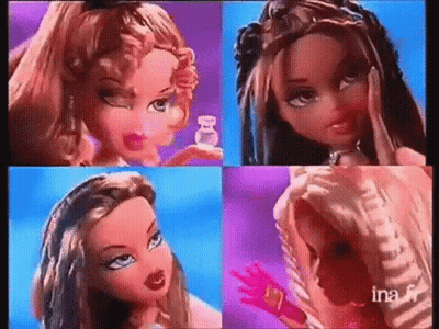 A Collage Of Four Dolls Holding Bottles Of Perfume In Their Hands . GIF