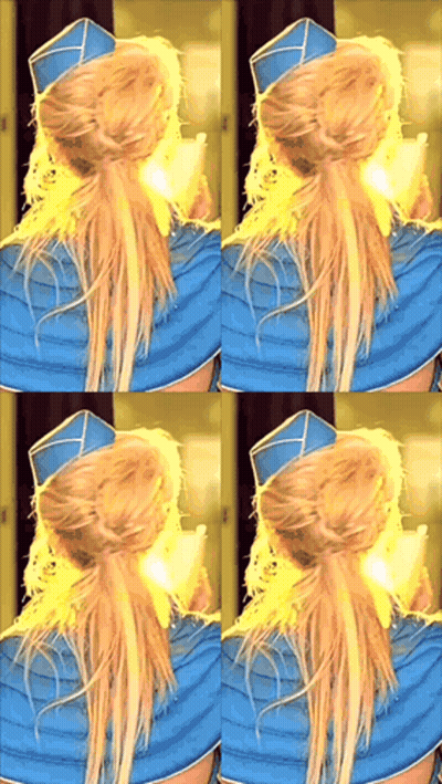A Collage Of Four Images Of A Woman Wearing A Blue Hat GIF