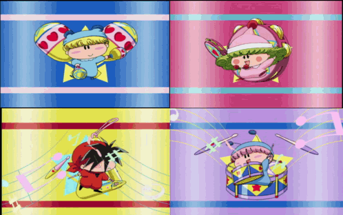 A Collage Of Four Images Of Cartoon Characters Playing Musical Instruments GIF