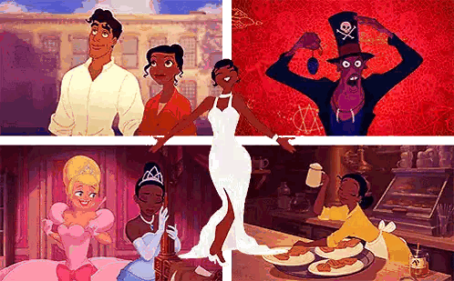 A Collage Of Four Images Of Princess Tiana From The Princess And The Frog . Sticker