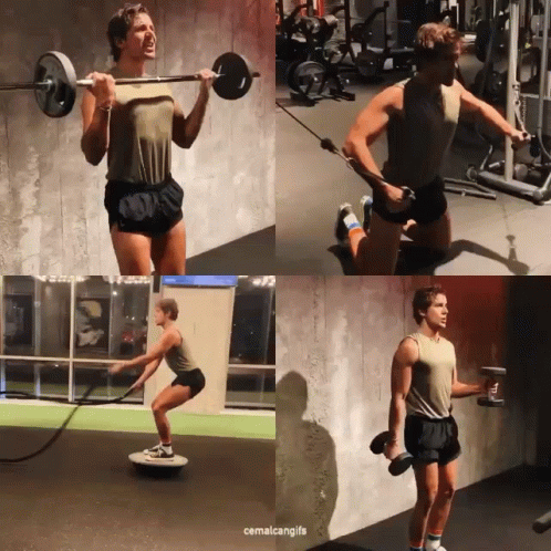 A Collage Of Four Pictures Of A Man In A Gym With The Words Cemalcangifs At The Bottom GIF