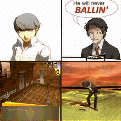 A Collage Of Four Pictures Of A Man In A Suit And Tie With A Speech Bubble Saying `` He Will Never Ballin '' GIF