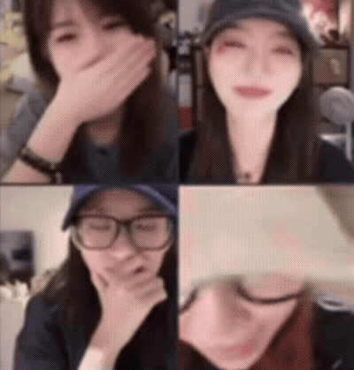 A Collage Of Four Pictures Of A Woman Covering Her Face With Her Hand GIF