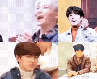 A Collage Of Four Pictures Of A Young Man Laughing And Sitting At A Table . GIF