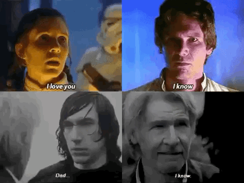 A Collage Of Four Pictures Of Han Solo , A Woman , A Man , And A Woman . GIF