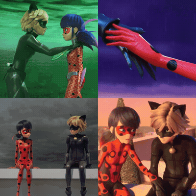 A Collage Of Four Pictures Of Ladybug And Chat Noir GIF