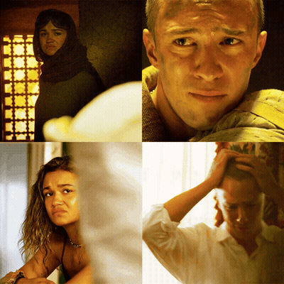 A Collage Of Four Pictures Shows A Woman A Man And A Man With His Hand On His Head GIF