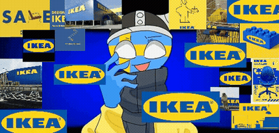 A Collage Of Ikea Logos On A Blue And Yellow Background GIF