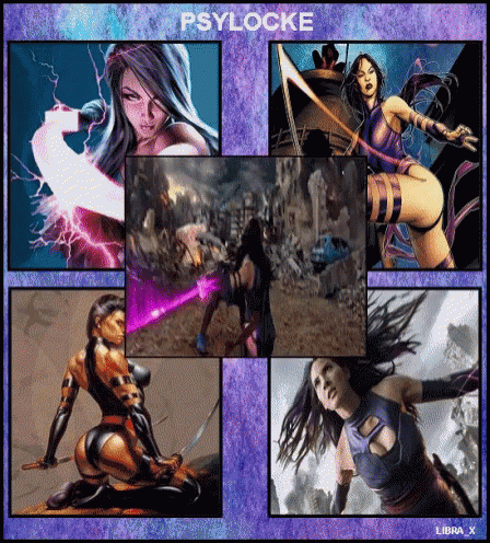 A Collage Of Images Of Psylocke With The Name Libra X On The Bottom Right GIF