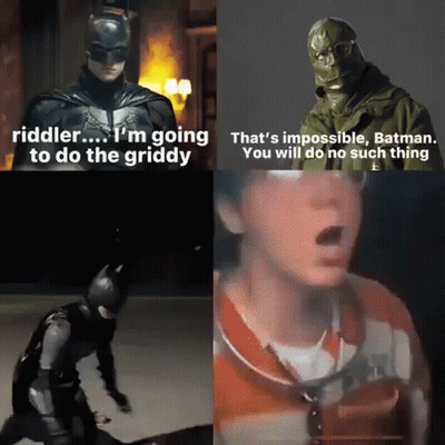 A Collage Of Images With The Caption " Riddler ... I 'M Going To Do The Griddy " GIF