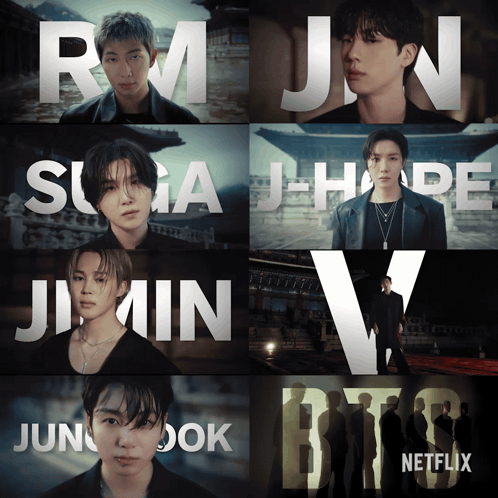 A Collage Of Images With The Names Rm Jin Suga J-Hope And Jimin GIF
