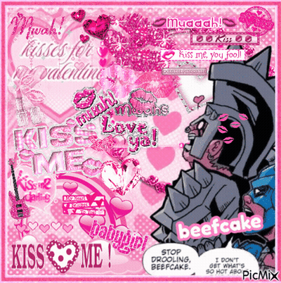 A Collage Of Images With The Words Kiss Me And Beefcake On It GIF