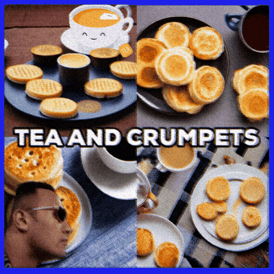 A Collage Of Images With The Words Tea And Crumpet On The Bottom GIF