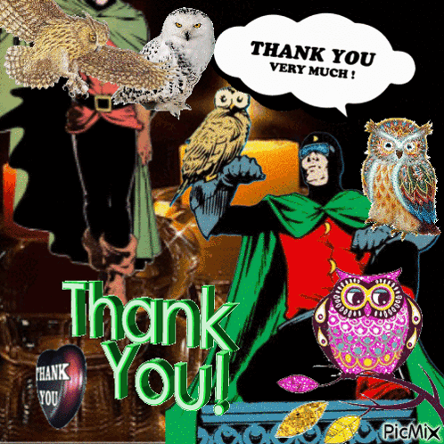 A Collage Of Owls With A Thank You Message GIF