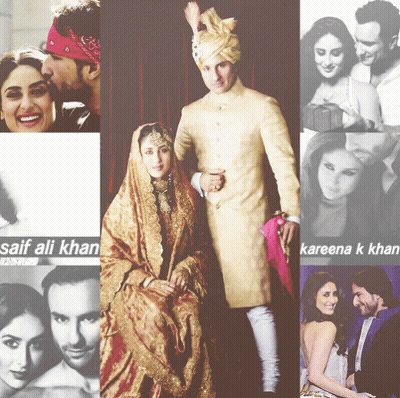 A Collage Of Photos Of A Bride And Groom With The Names Saif Ali Khan And Kareena K Khan On The Bottom GIF