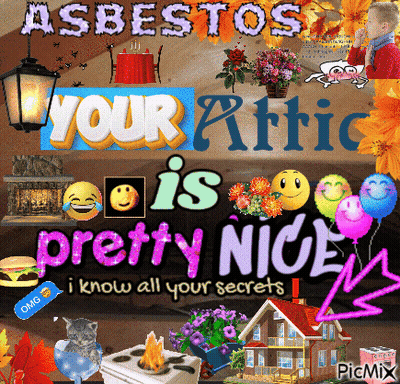 A Collage Of Pictures With The Words Asbestos Your Attic Is Pretty Nice GIF