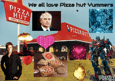 A Collage Of Pictures With The Words We All Love Pizza Hut Yummers At The Top GIF