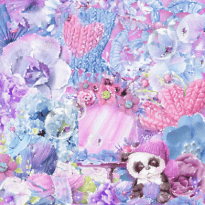 A Collage Of Pink And Blue Flowers With A Panda GIF