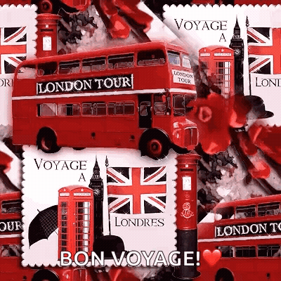 A Collage Of Red Buses , Telephone Booths , Umbrellas , And The Words Voyage A London Tour GIF